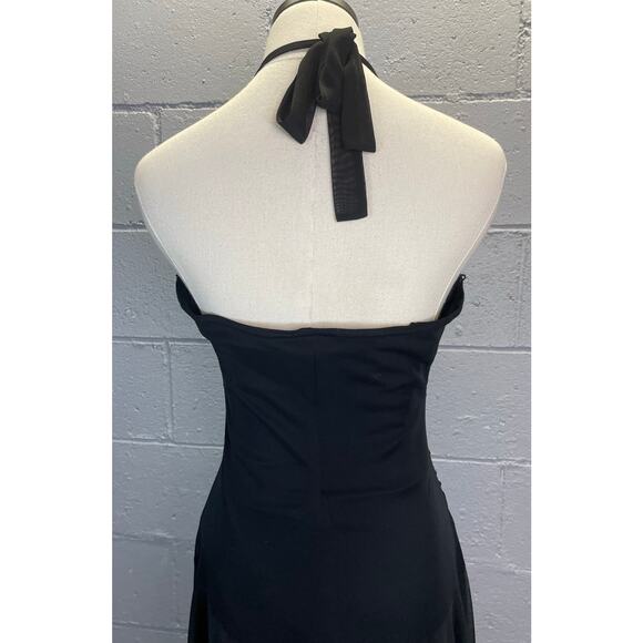 Vintage 90s Black Mesh Halter Dress Handkerchief Hem Sequined LG City Triangles - Picture 8 of 9